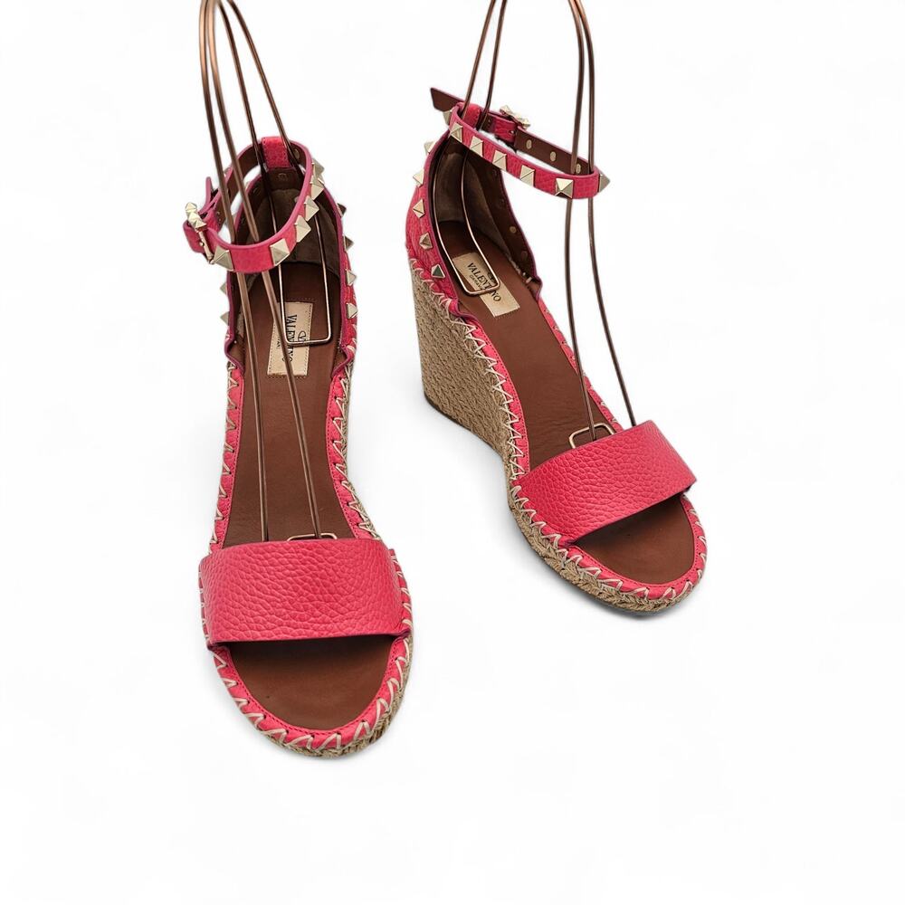 Valentino Garavani Rockstud Wedge Espadrille Sandal Pink Leather Size 40 US 10